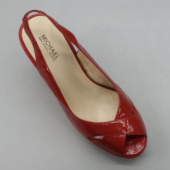 Michael Kors Ladies 10 Red Patent Leather Peep-toe Platform Wedge Heels Shoes - Picture 7 of 12